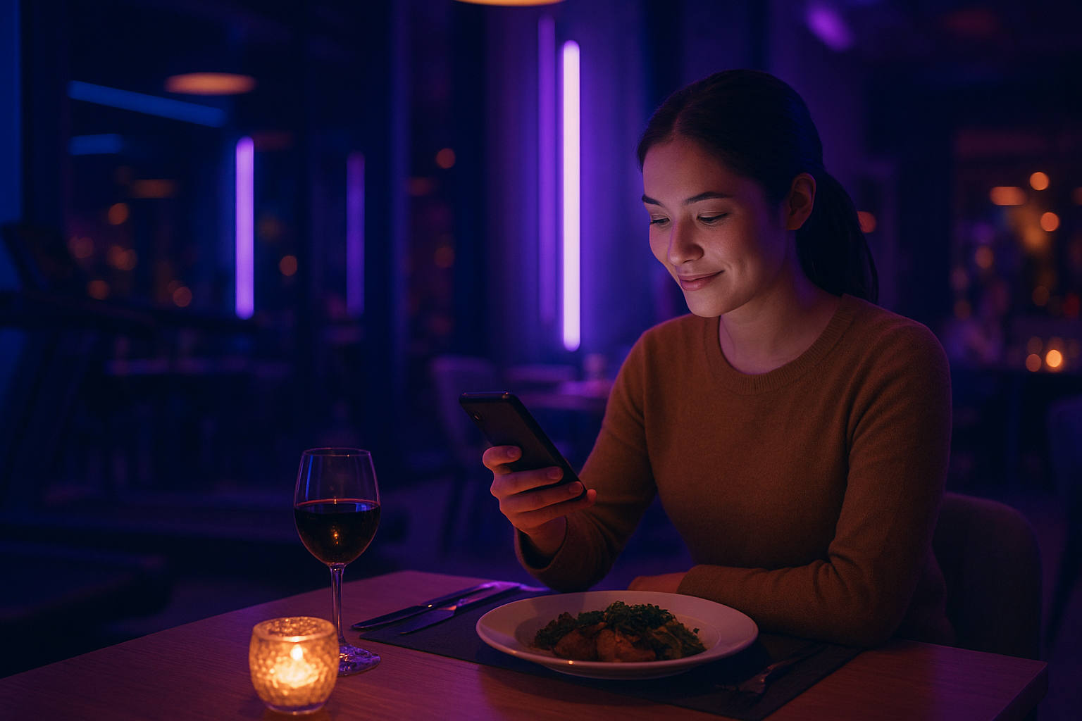 Persona usando el teléfono en un restaurante con ambientación moderna